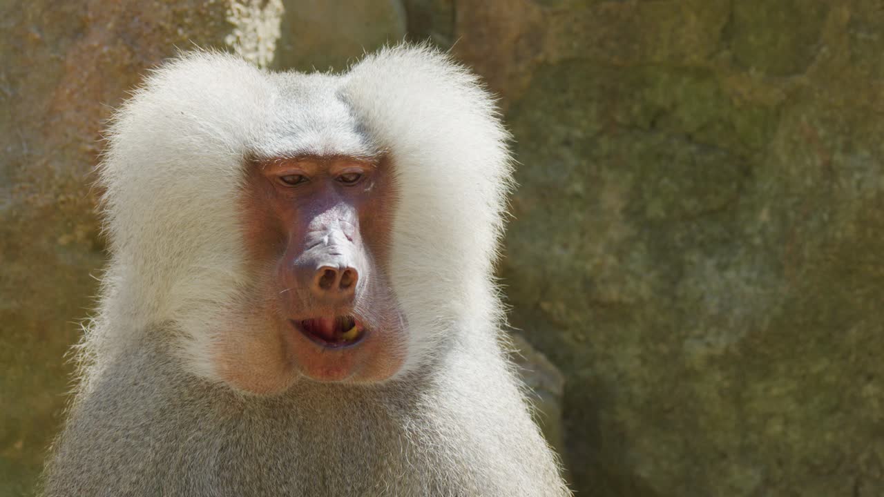 A male Hamadryas baboon sits against a textured rock wall, displaying a range of facial expressions and subtle head movements in bright daylight