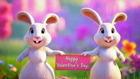 cute rabbits holding a happy valentine's day sign