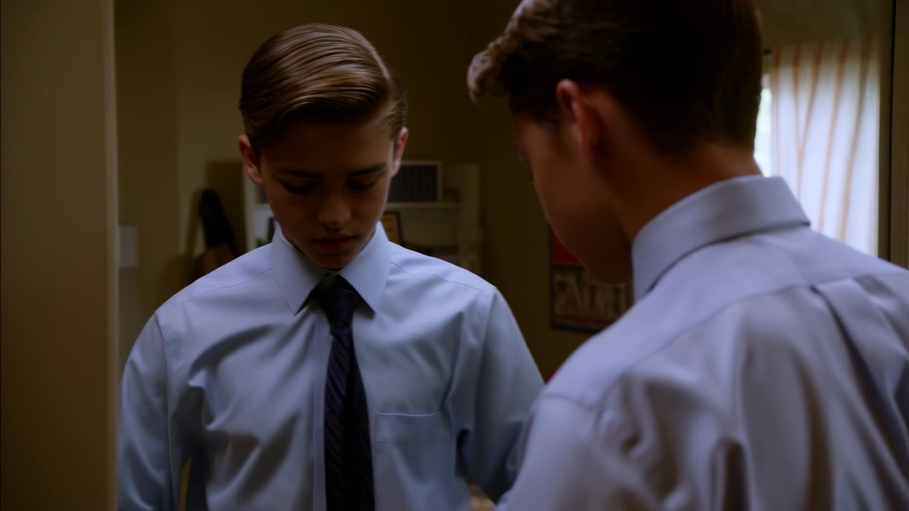 Caucasian Teen Practicing Tie In Mirror Blue Dress Shirt, Careful Hands, Anxious Expression, Compact Bedroom