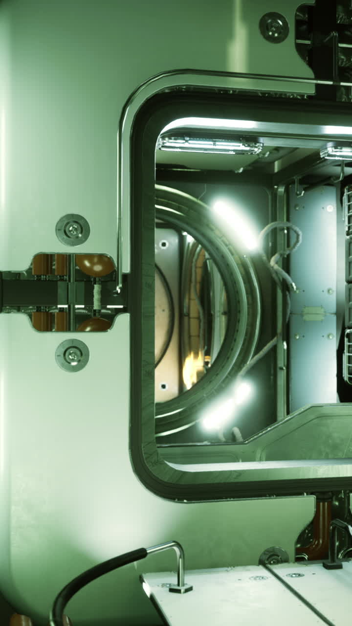 Vista all'interno di una camera futuristica con luci intense e design circolare