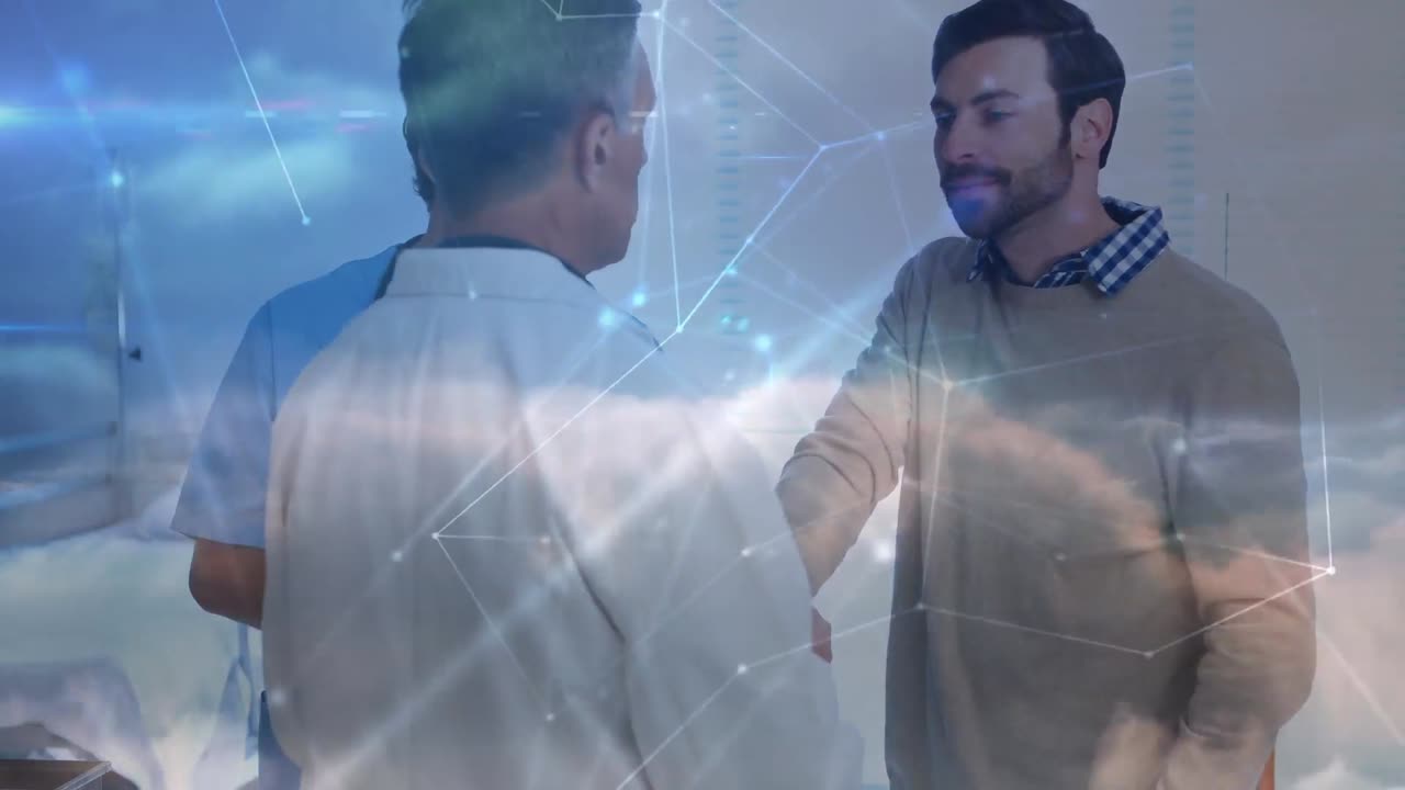 animación de conexiones a través de diversos médicos varones y pacientes hablando