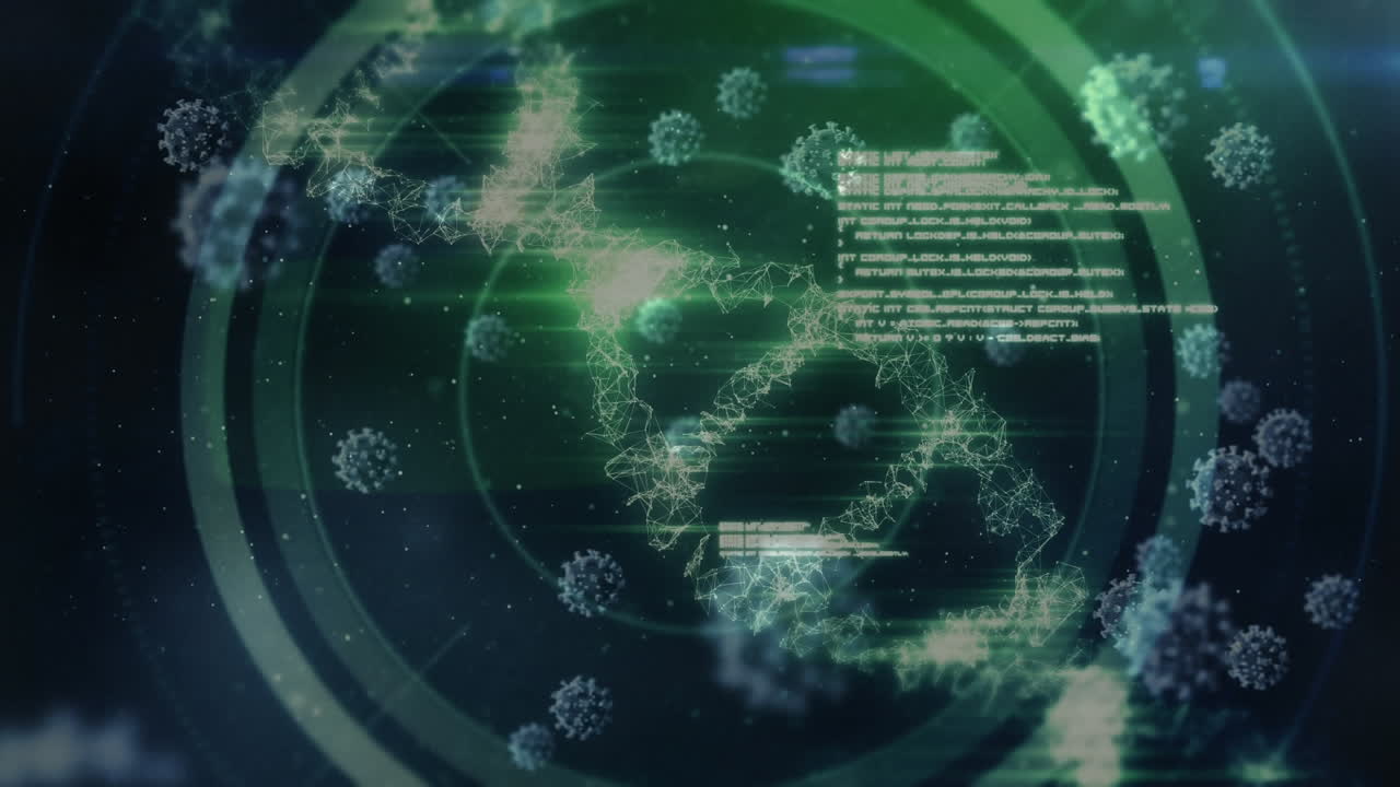 animación de células de macro coronavirus covid-19 que se extienden por el adn y la información