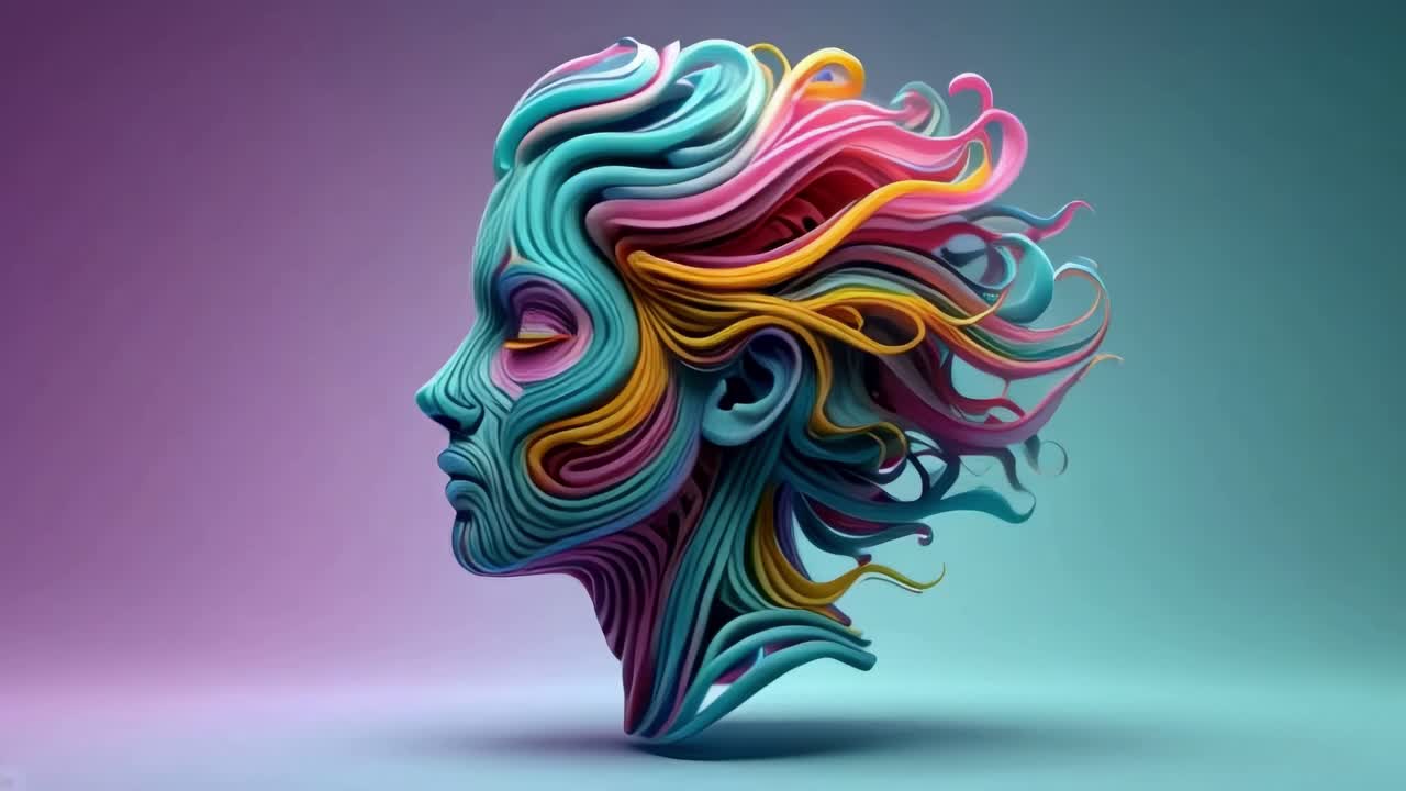 Creative digital artwork showcasing a colorful abstract representation of a human face with flowing hair in vibrant hues