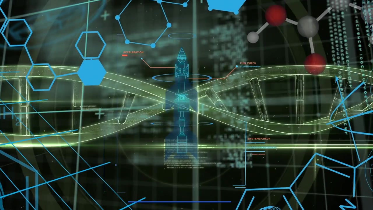 Animation of chemical formulas, dna and data processing on black background