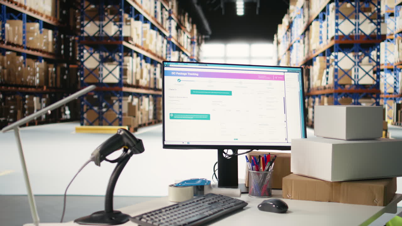 Vertical Video Empty storehouse with industrial racks and shelves used for shipping goods
