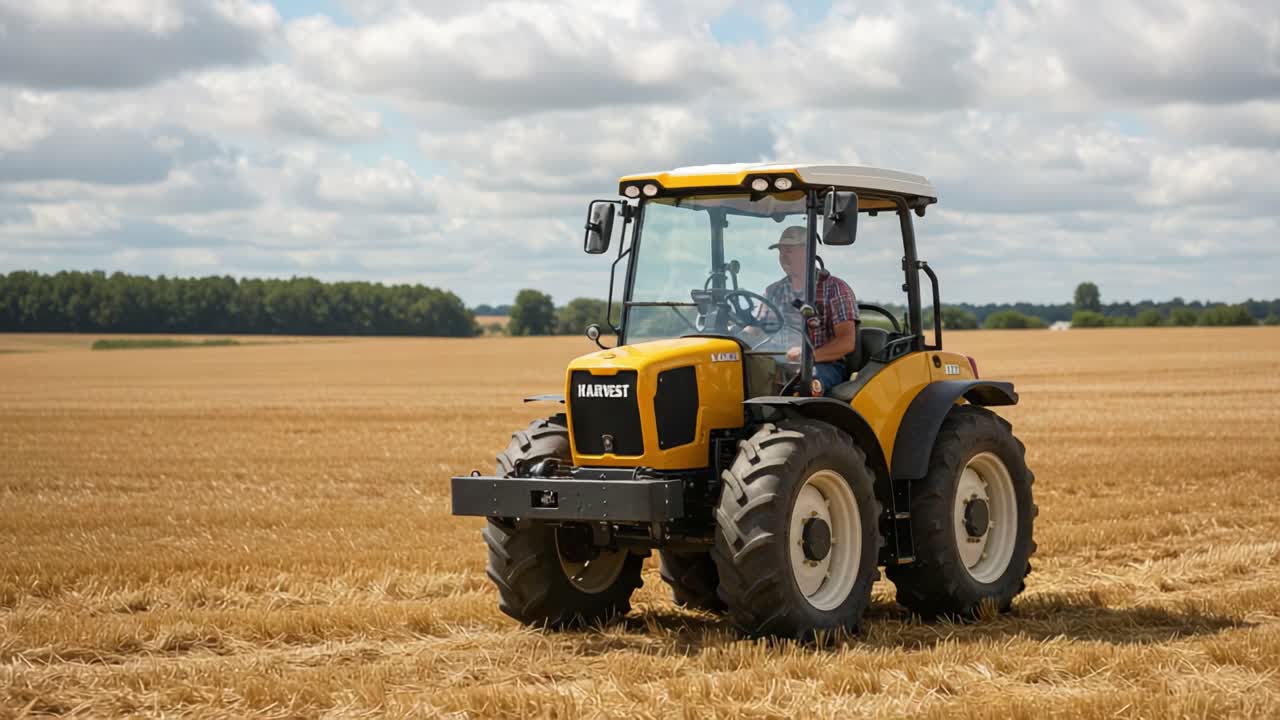 A farmer skillfully operates a modern tractor on golden fields under a bright sky, showcasing the beauty of agricultural machinery and rural life