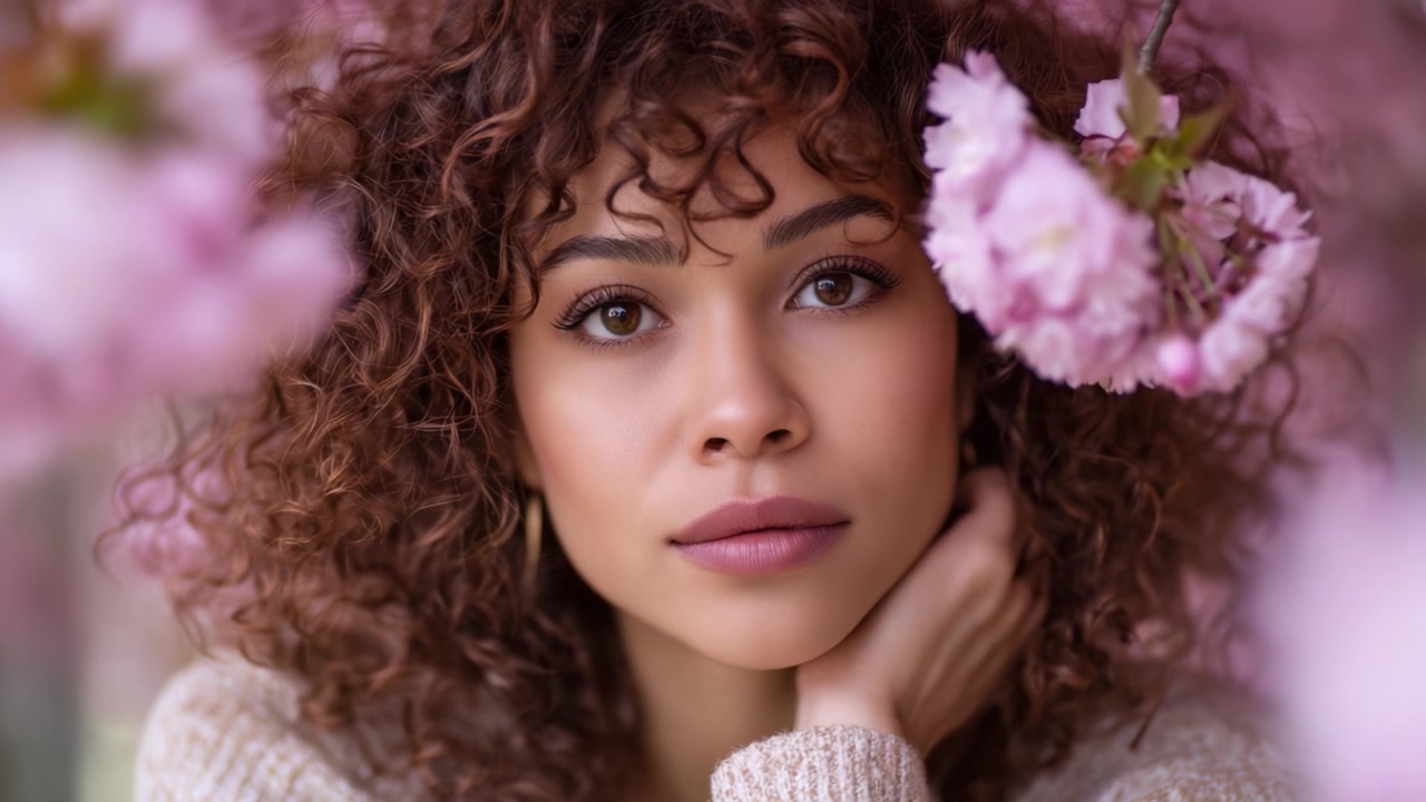Ritratto accattivante di una donna con capelli ricci incorniciati da fiori di ciliegio in fiore, che emana un'aura pacifica e serena in un vibrante sfondo floreale.