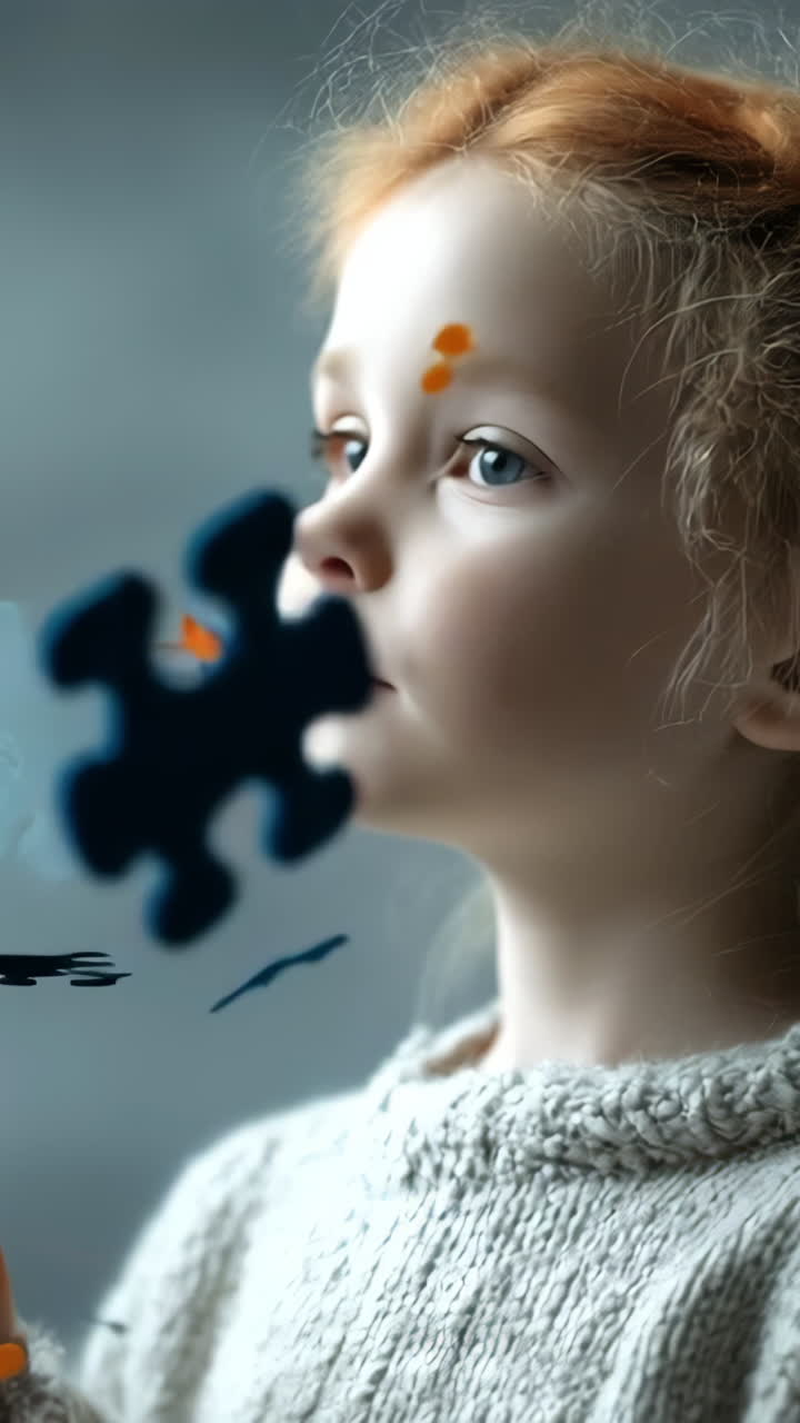 Kid played with bright puzzles. Young child in a cozy sweater focuses on floating puzzle pieces, deep in thought in a calm and dreamy atmosphere.