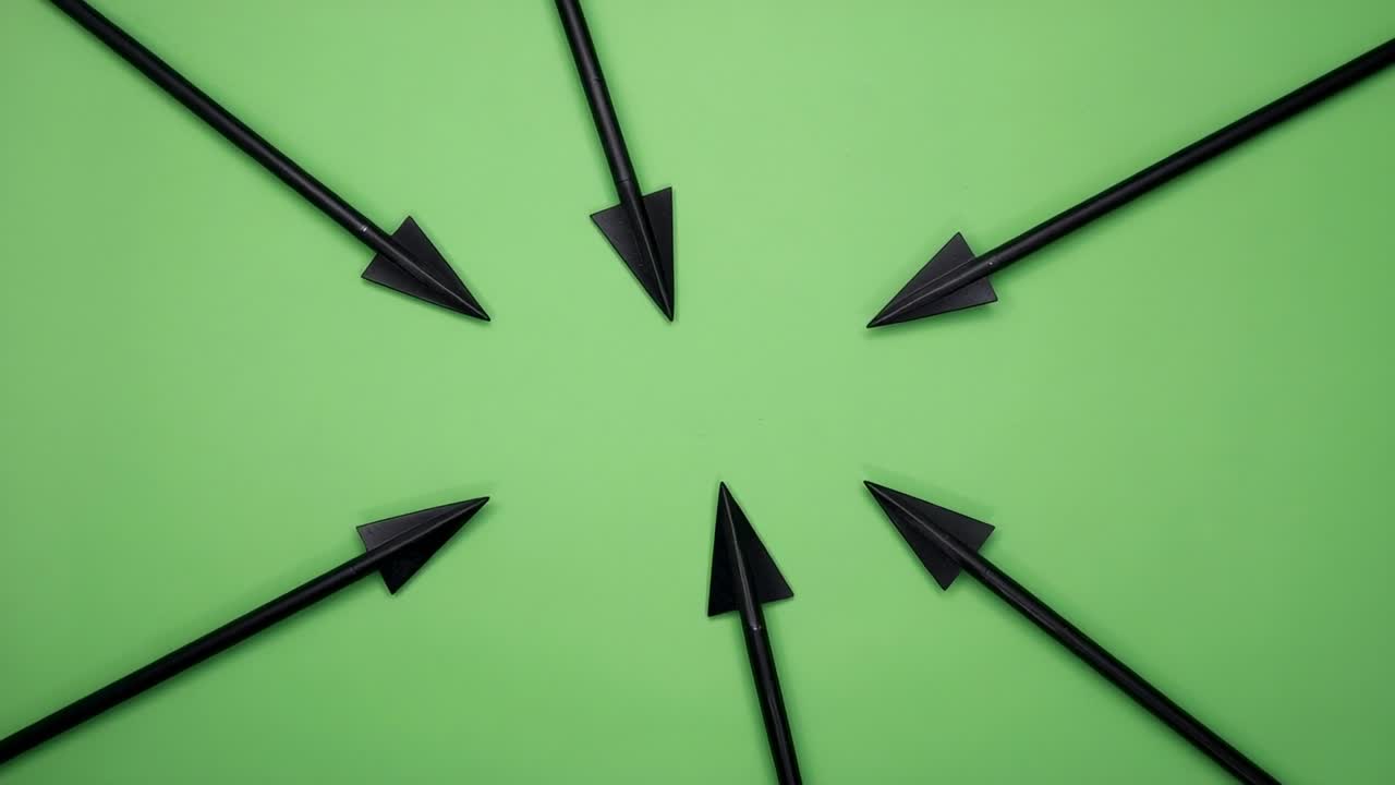 Playback starting seven black arrows rotating clockwise around lime backdrop, showing convergence
