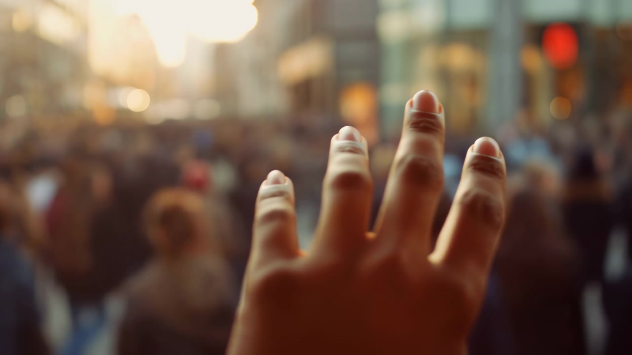 First person outstretched hand reaches forward through dense urban crowd, fingers and skin texture sharp in foreground while city people behind dissolve into warm amber blur and bright rim light