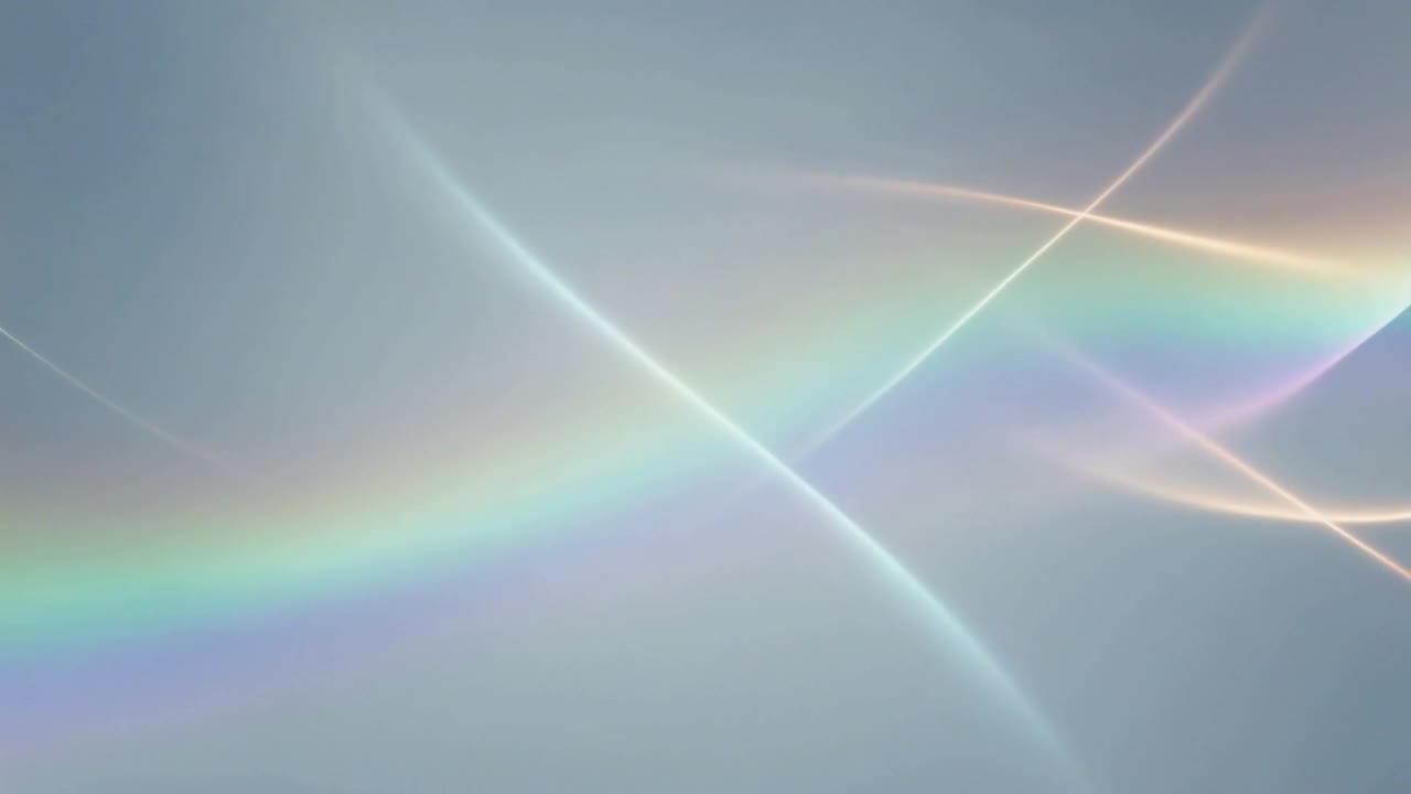 Arcing pastel band moving inward across pale blue haze, thin white beams crossing, creating flare