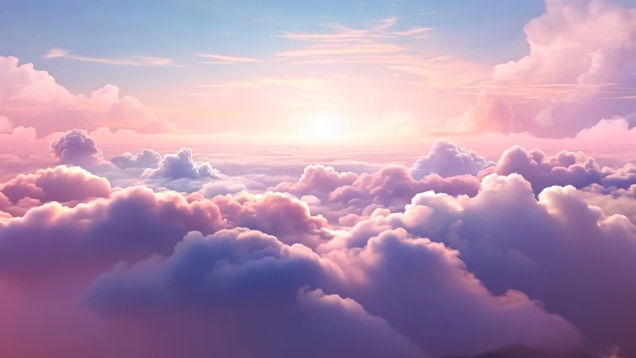 Una scena video cinematografica da sogno di un tramonto vivido sopra nuvole soffici, ripresa da un angolo elevato