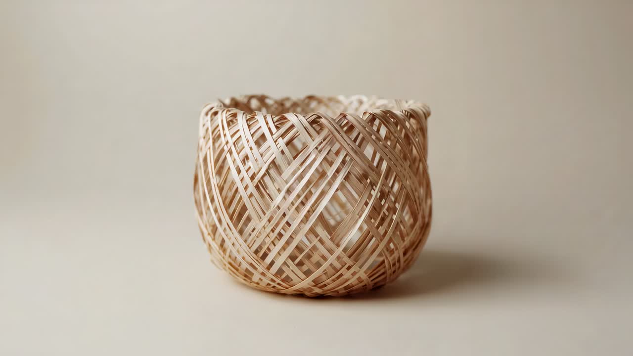 Zooming camera moving in on centered handwoven round basket on tabletop, revealing scalloped rim