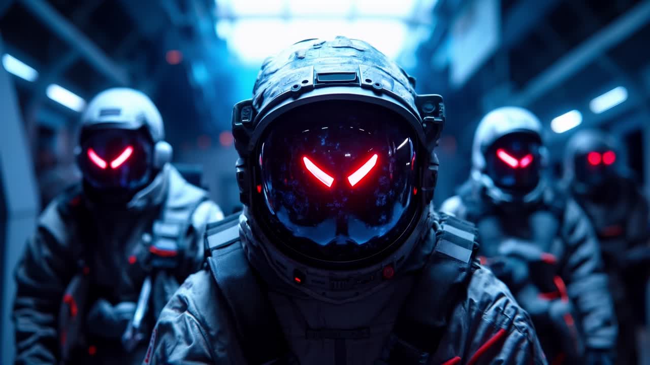 un grupo de astronautas en una estación espacial con ojos rojos