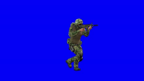 UN-soldier-wearing-military-uniform-with-combat-helmet,-face-mask,-glasses,-back-pack,-and-machine-gun,-running-from-left-to-right-on-blue-screen,-passing-by,-slow-motion,-3D-animation