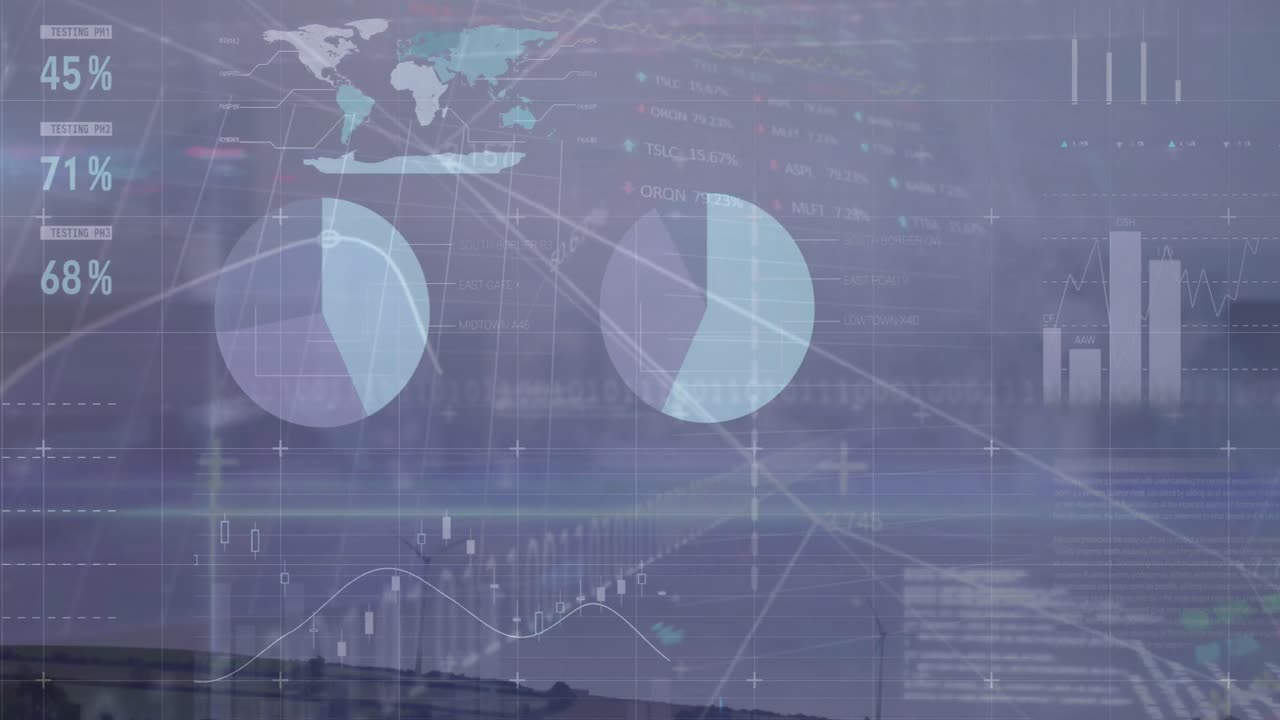 Animation of statistical and stock market data processing against aerial view of cityscape