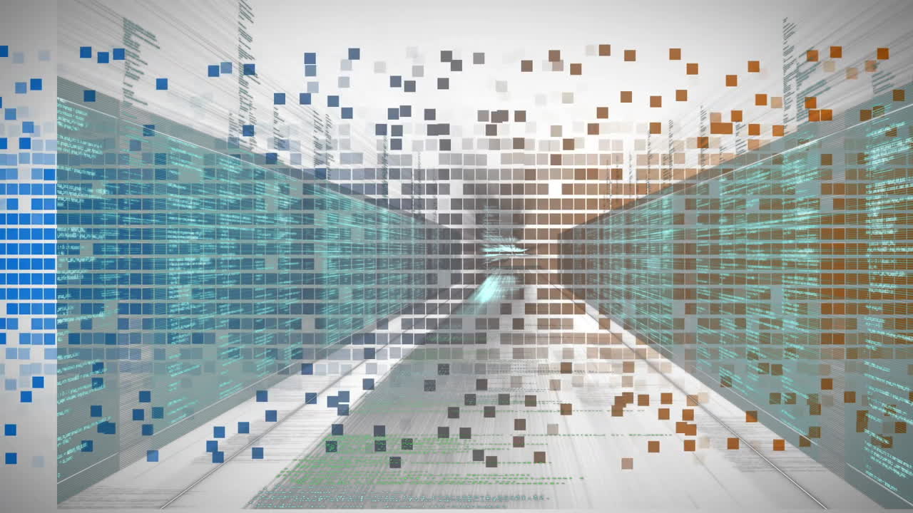 Animation of digital data blocks creating futuristic corridor with tech elements