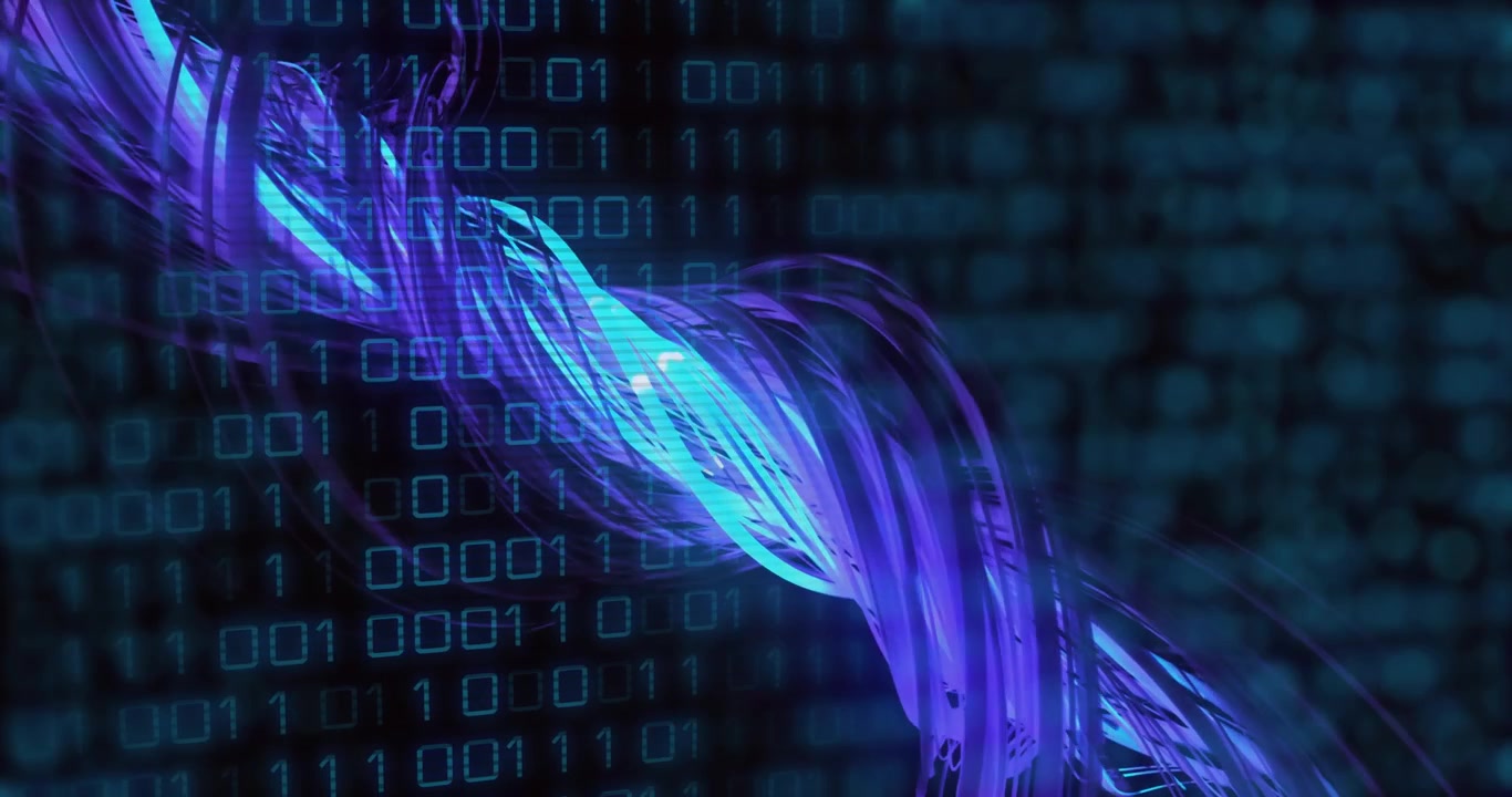 After static binary grid holding, data ribbon drifting weaving spiraling leaving showing data loop