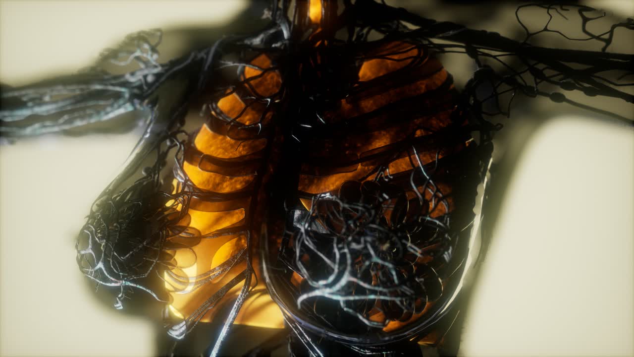 escaneo del cuerpo humano con pulmones y tráquea brillantes