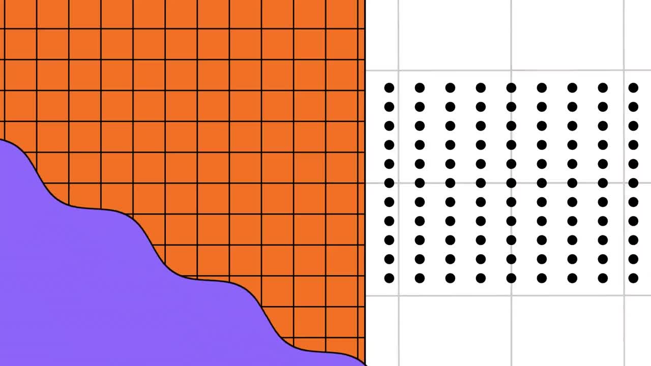 animación de cuadrículas negras y puntos con forma púrpura en fondos naranjas y blancos