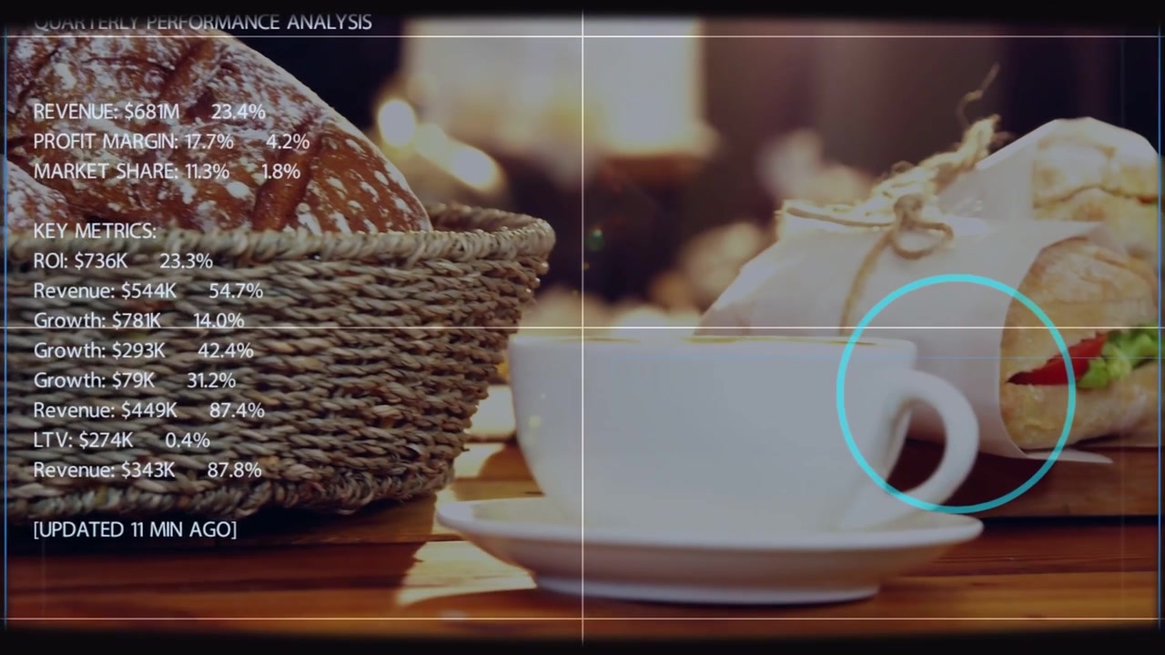 Adult right hand entering frame, moving cup for framing HUD updating finance metrics and blue ring