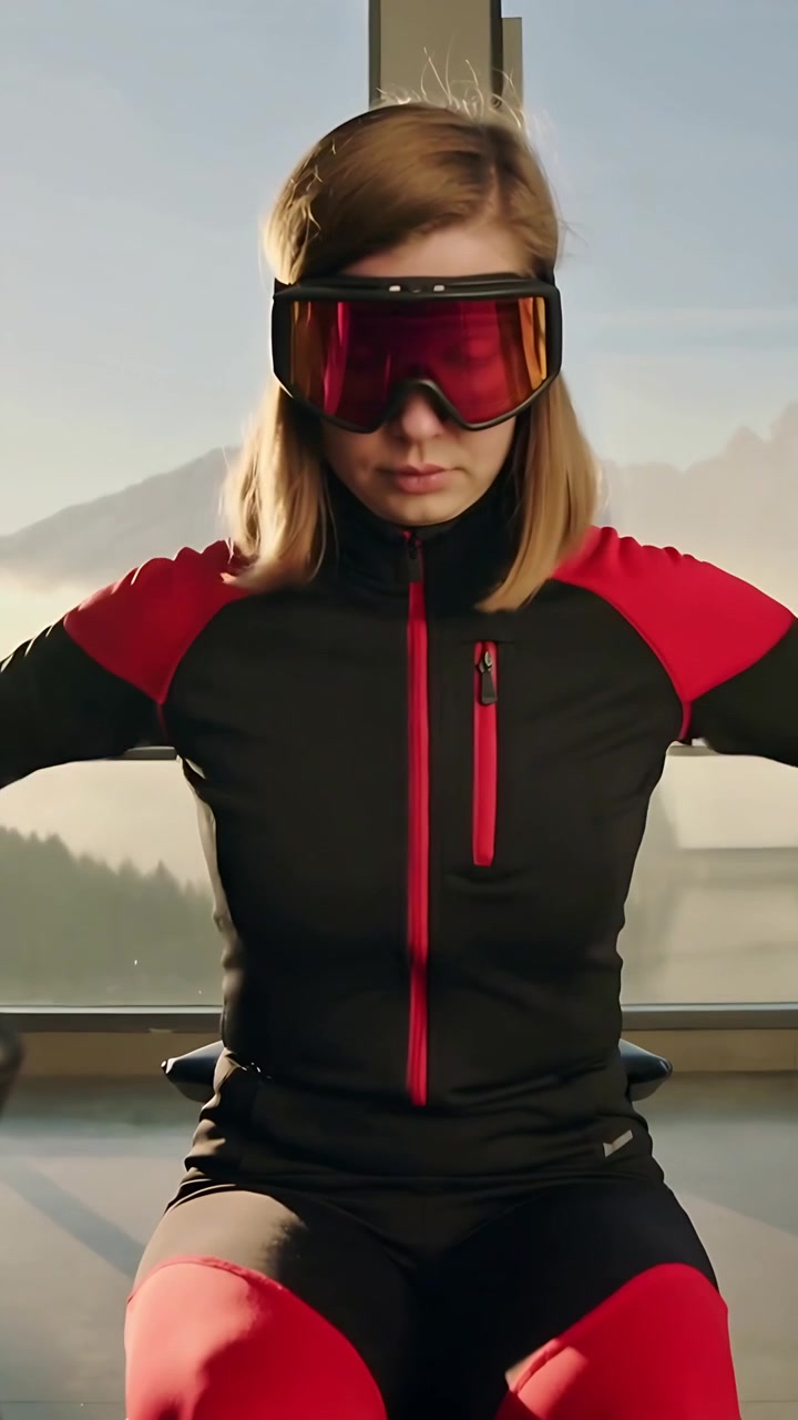 Vertical video: Pulling gloves woman goggles,jacket rowing handles for workout in cabin window mist