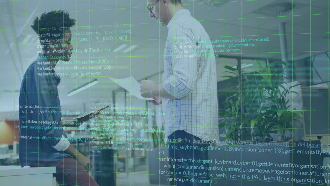 animación del procesamiento de datos financieros sobre diversas personas de negocios en la oficina