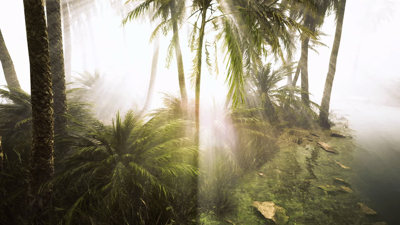 Lush tropical landscape with mist and palm trees near a serene waterway