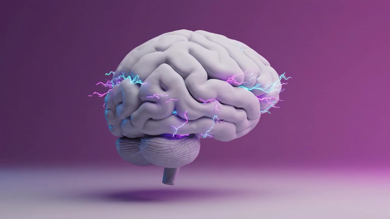 A Stunning Visualization of a 3D Brain Model with Electric Pulses, Set Against a Vibrant Purple Background, Showcasing Neural Activity and Cognitive Functions