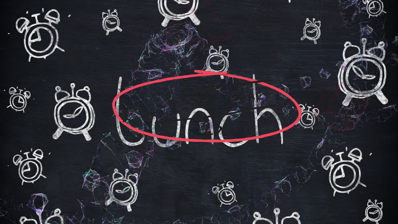 Animation of chalk-drawn alarm clocks and Lunch text on dark background