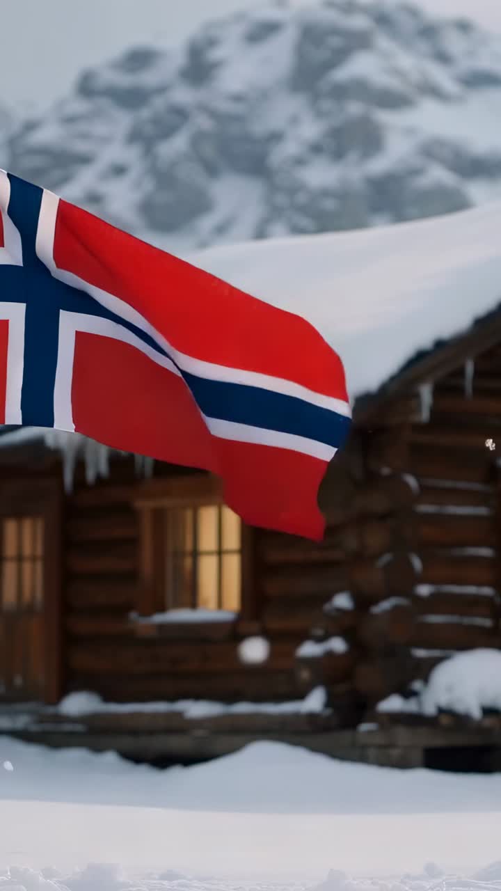 Vertikal video: Vinkende norsk flagg som bølger i vinden ved snødekt hytte, dryppende tupp, kopieringsområde