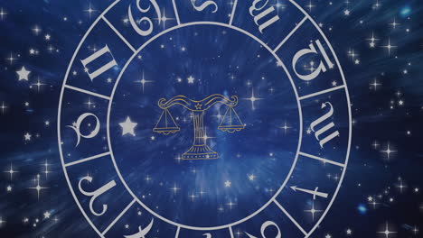 composition of libra star sign symbol in spinning zodiac wheel over glowing stars