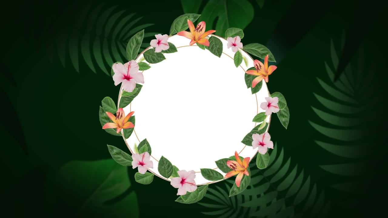 White circle with leaves and flowers over foliage.