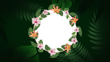 círculo blanco con hojas y flores sobre el follaje.