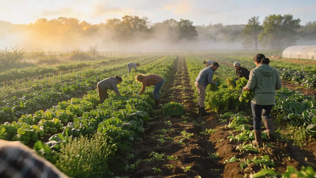 El amanecer indica al equipo agrícola, con camisas a cuadros, agacharse para cosechar verduras en cajones en un campo al amanecer.