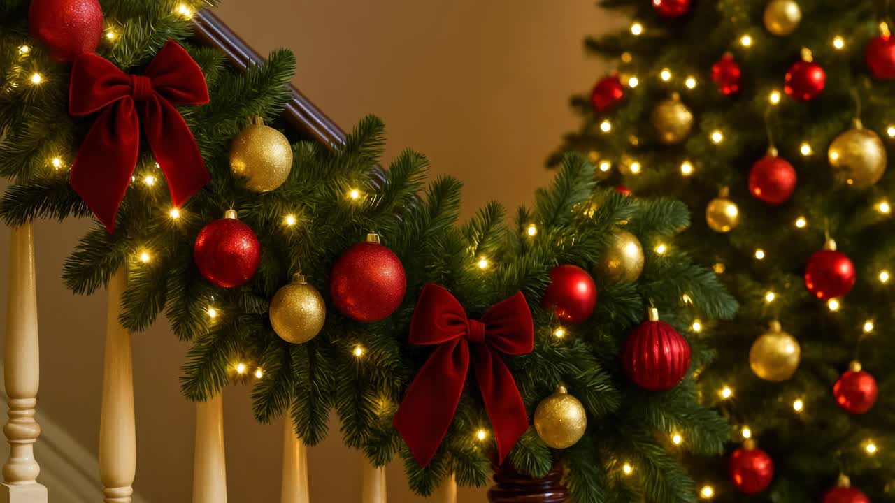Festive close-up video angle of a decorated staircase with red and gold ornaments