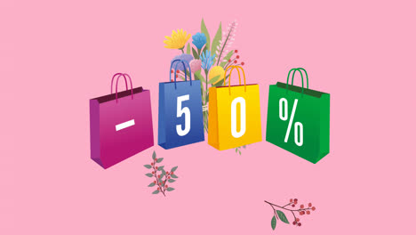 animation of 50 percentage text over flowers on pink background