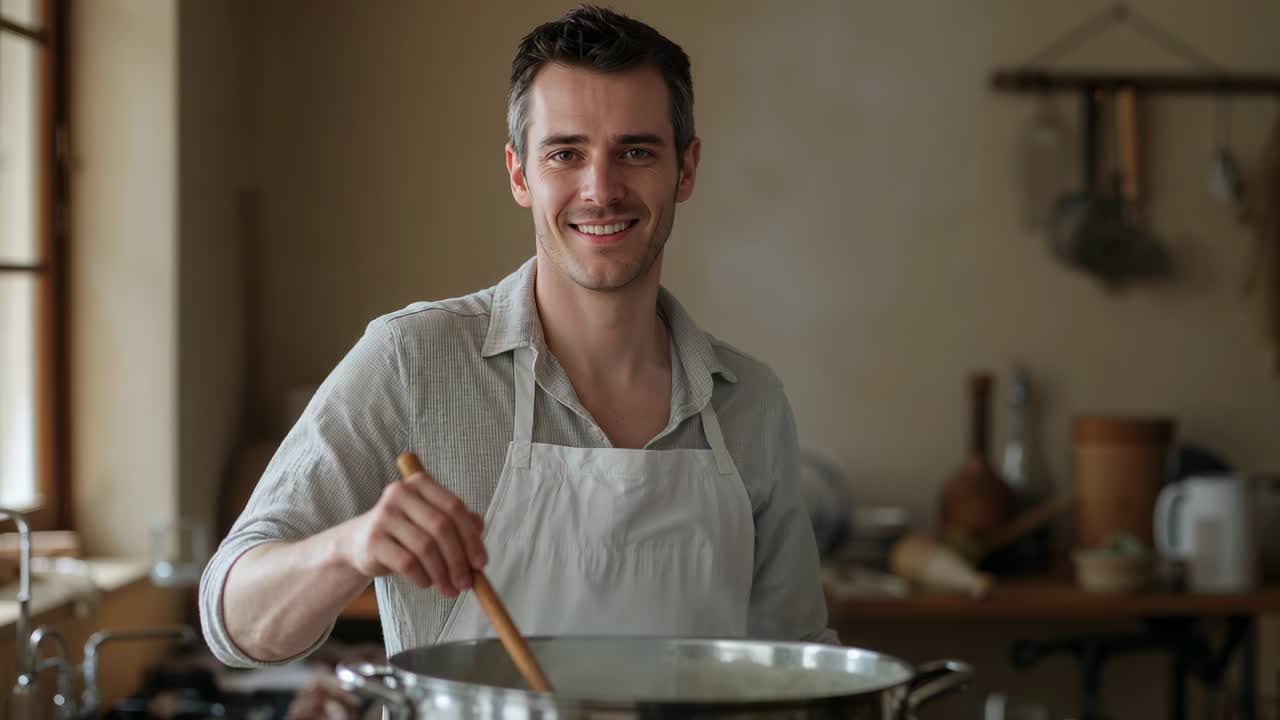 Lächelnder Mann mit Schürze blickt in die Kamera am Herd, rührt mit einem Holzlöffel in der Pfanne und bereitet das Abendessen zu