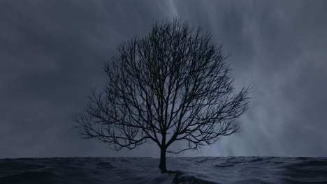 lonely flooded tree standing among waves. loop. 3d animation.