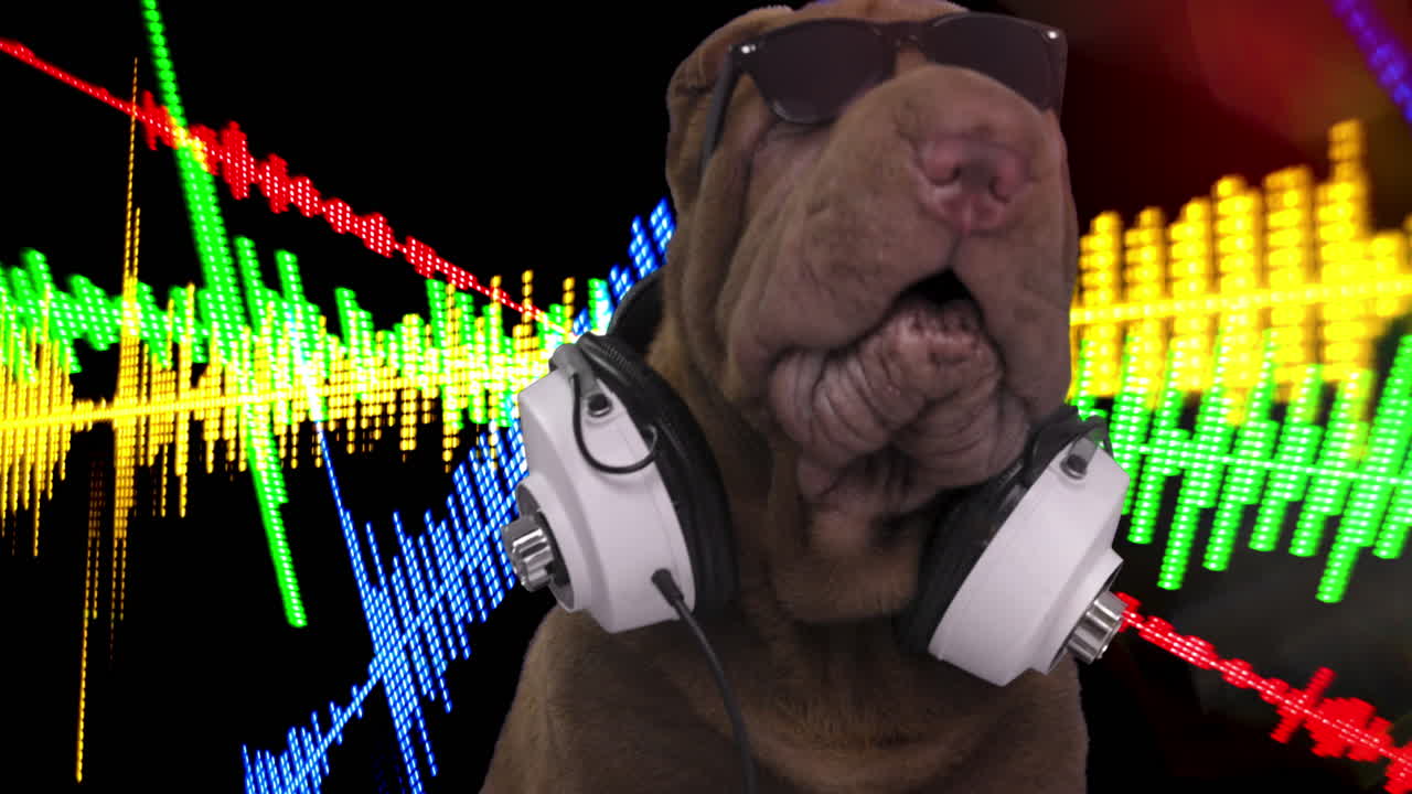 shar pei perro cachorro con auriculares con fondo blanco