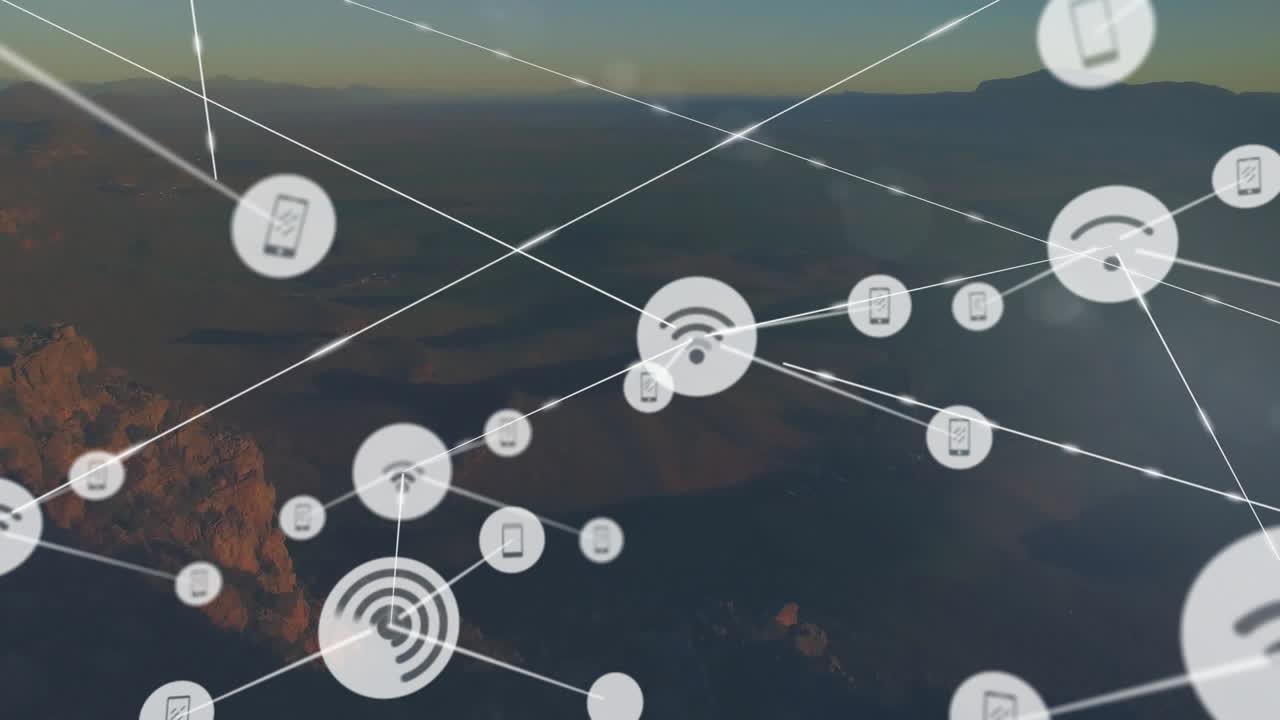 animación de la red de conexiones con iconos sobre el paisaje