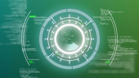 Animation-of-arrows-in-loading-circles-and-computer-language-over-green-background
