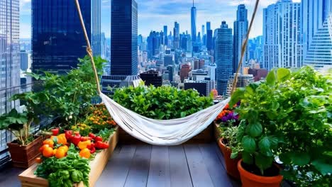 a hammock hanging from a wooden deck with potted plants and flowers