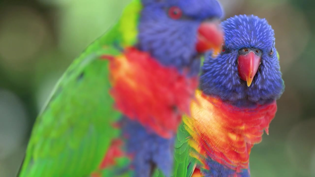 Vivaci lorichetto arcobaleno interagiscono in un ambiente tropicale con profondità di campo ridotta