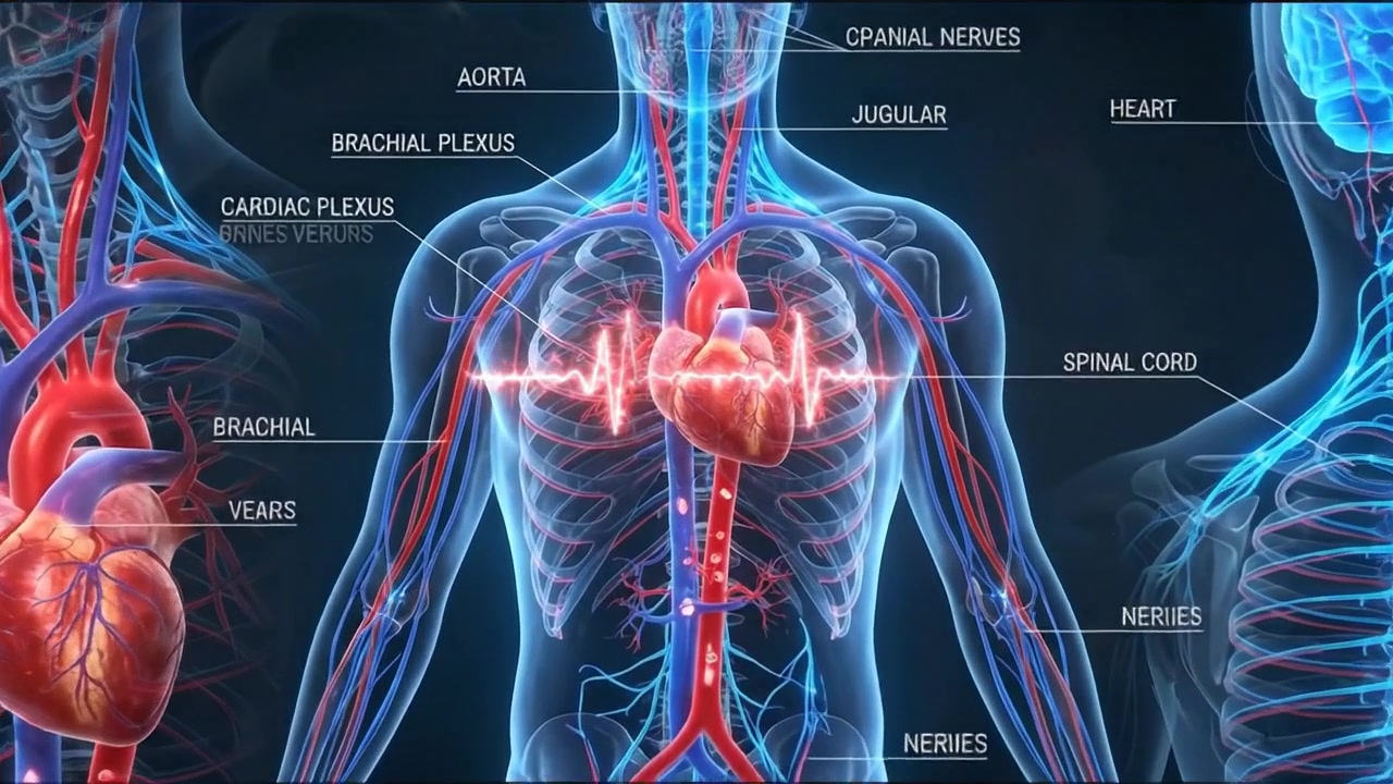 Digital human body anatomy display with heart vessels and multiple organ views