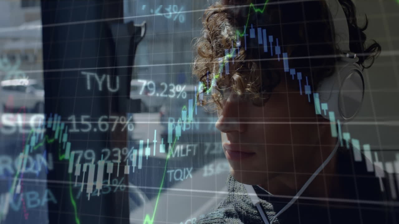 Animation of financial data processing over caucasian man wearing headphones