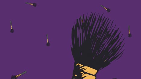 Animation-of-brush-icons-falling-on-purple-background