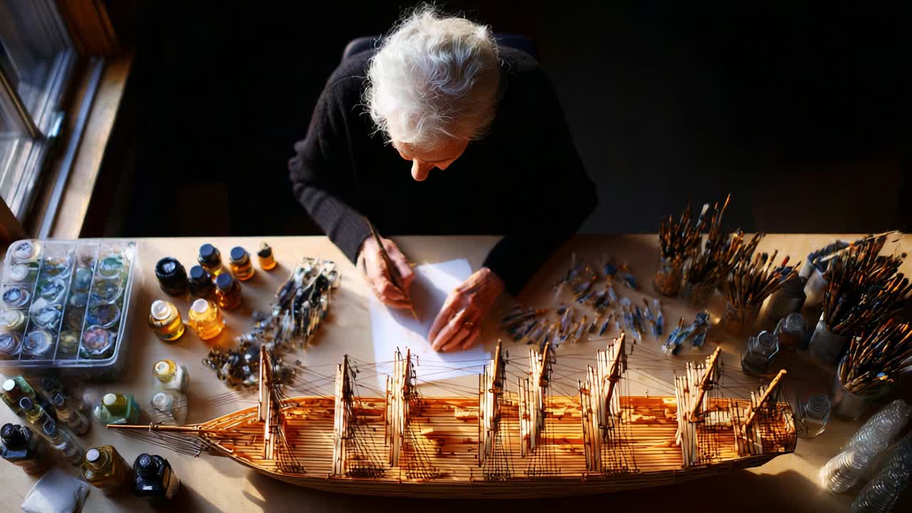 Craftsmanship and Artistry: An Elderly Artisan Creating a Detailed Ship Model Surrounded by Tools, Materials, and a Table Filled with Paints and Brushes