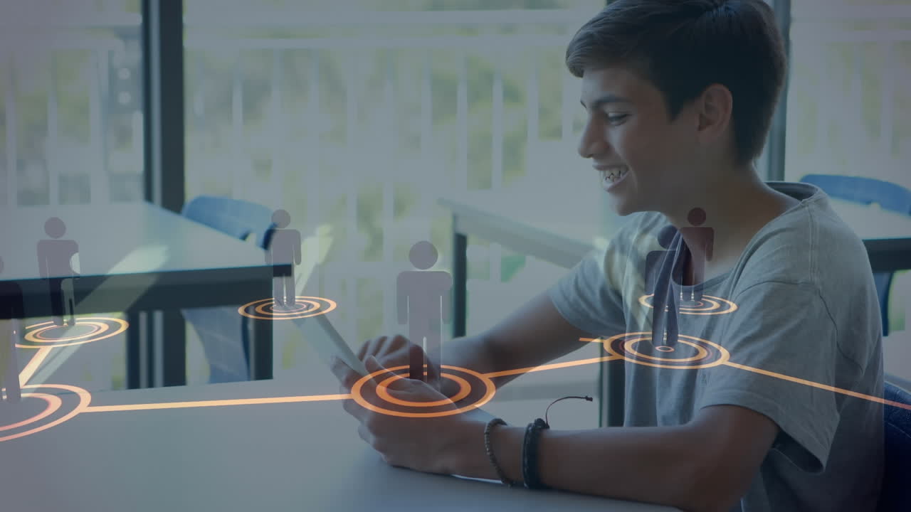 animación de redes de conexiones con iconos sobre estudiantes varones que usan teléfonos inteligentes
