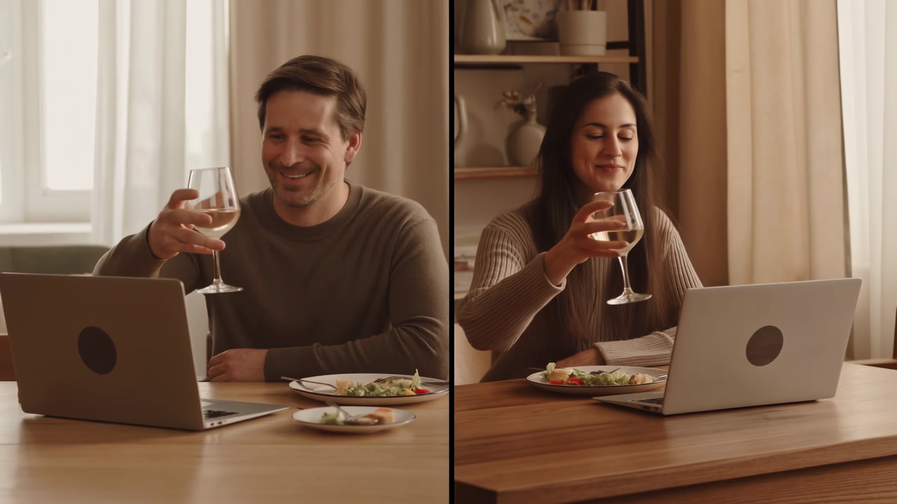 Video Call Dinner White Man Latina Woman Sharing Wine And Plated Meal Over Laptop, Warm Natural Light, Cozy